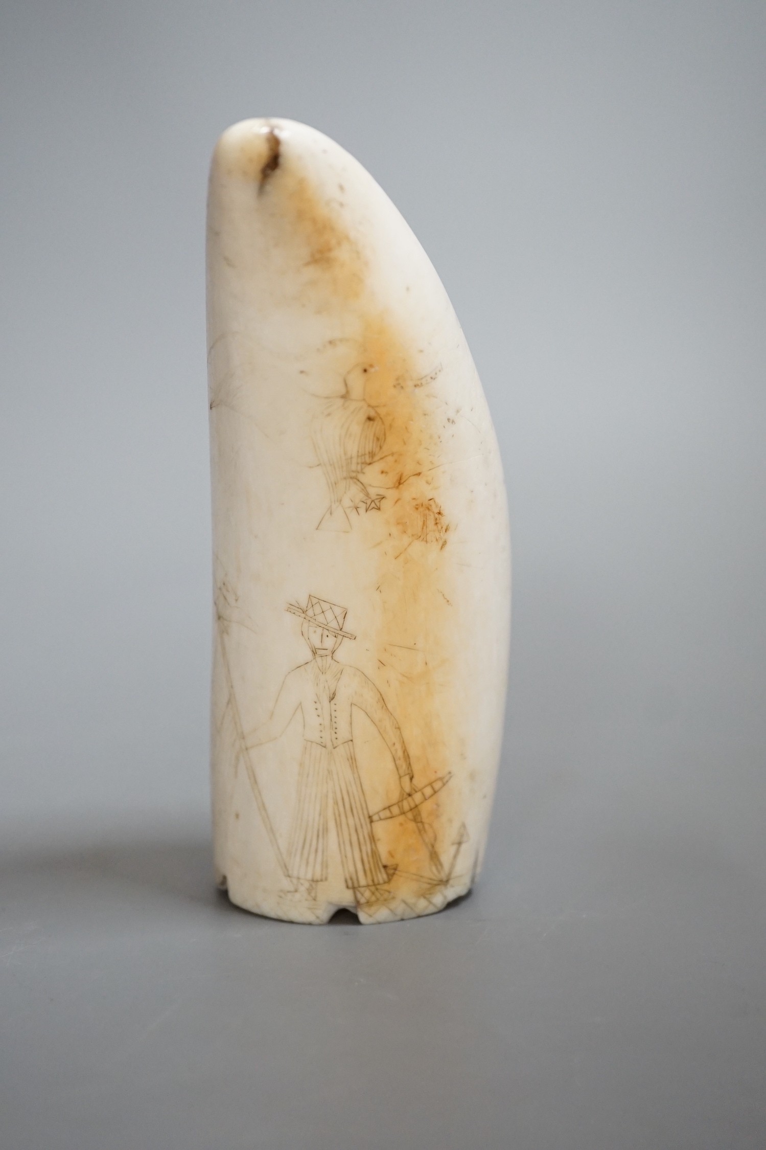 A 19th century scrimshaw sperm whale tooth, 13cm high